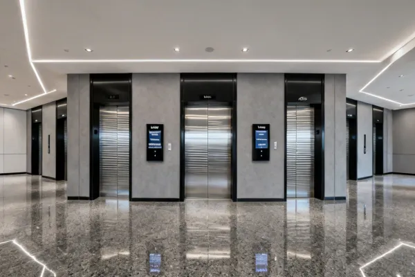 Otis commercial office elevator bank with destination dispatch